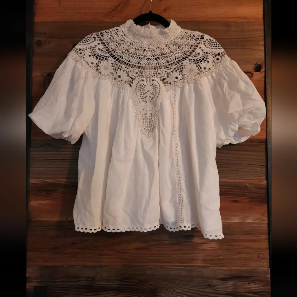 NWT Anthropologie Mock Neck Puff Sleeve Lace Blouse XS MINOR CALL OUT SEE BELOW